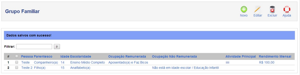 Imagem do Sistema do módulo Grupo Familiar - Listagem do grupo familiar