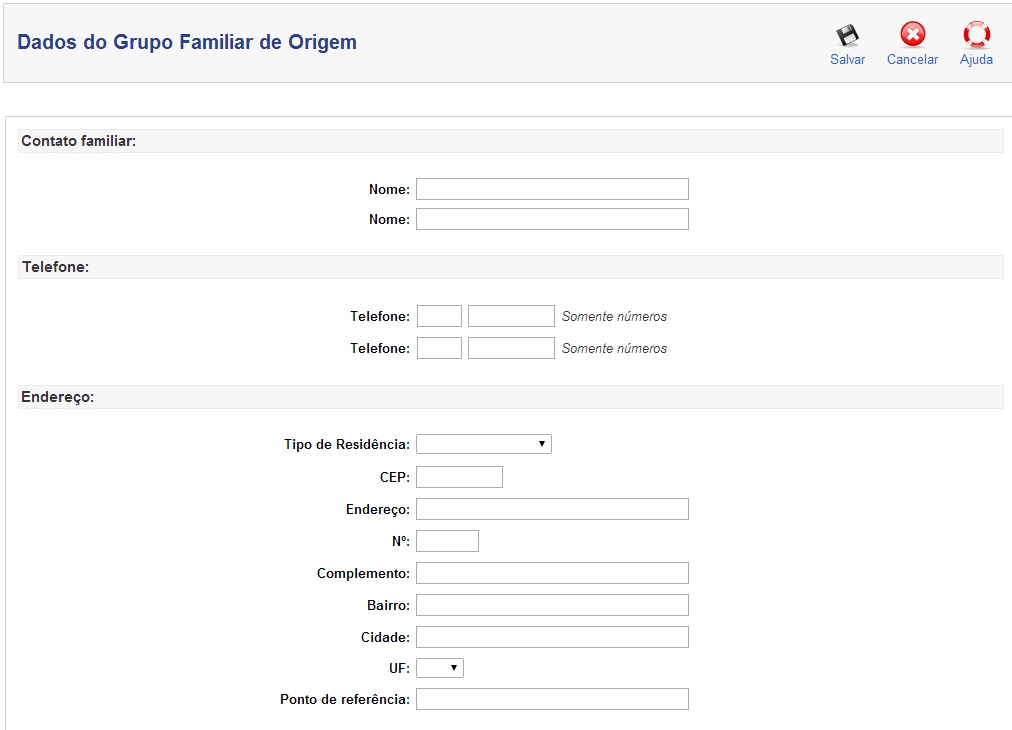 Imagem do Sistema do módulo Dados do Grupo Familiar de Origem - Tela de inserção/edição