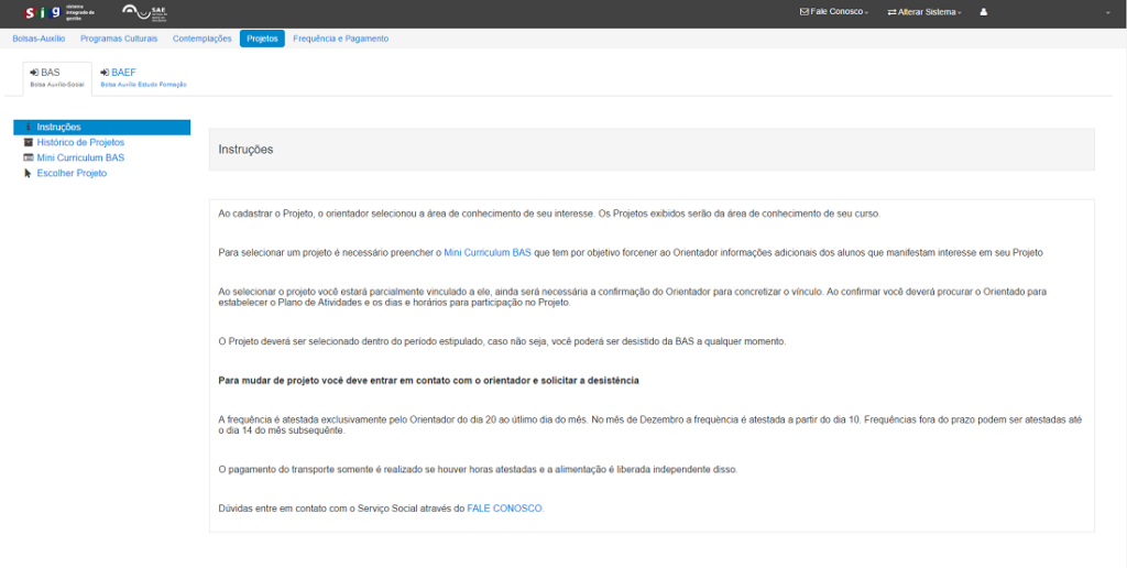 Selecionar Projeto BAS - Bolsa Auxílio-Social