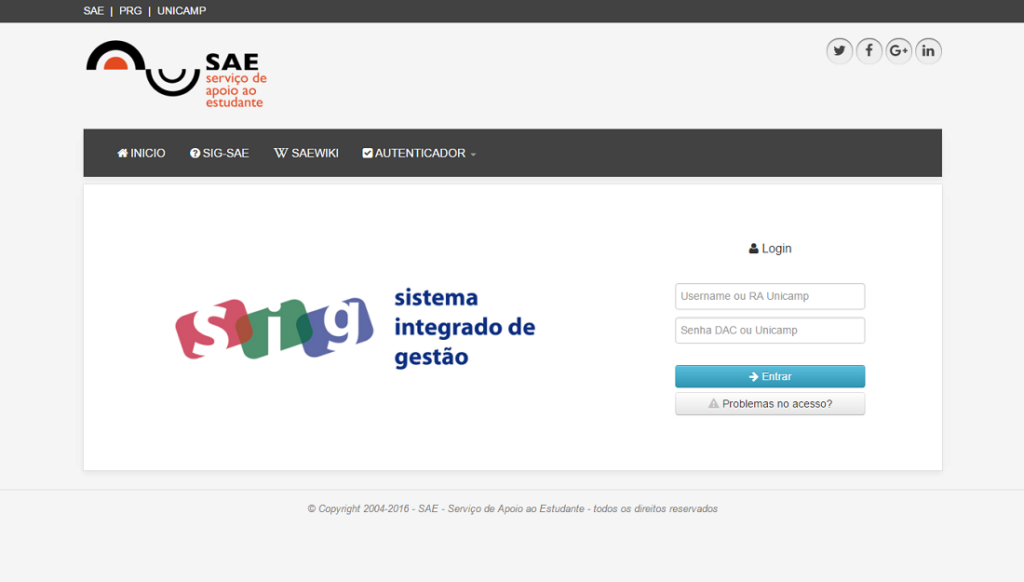 1 - O Aluno devera acessar o SAE-SIG - Sistema de Gestão Integrado.