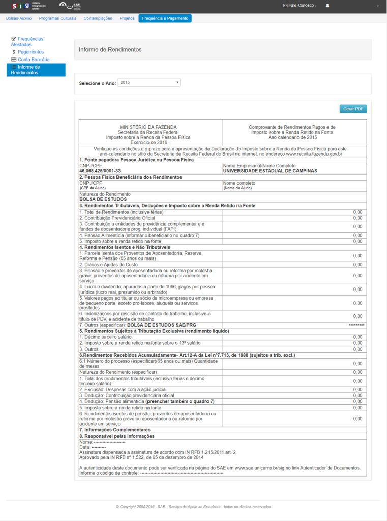 3 - Acesse Informe de Rendimentos no menu a esquerda. Selecione o Ano e clique em Gerar PDF.