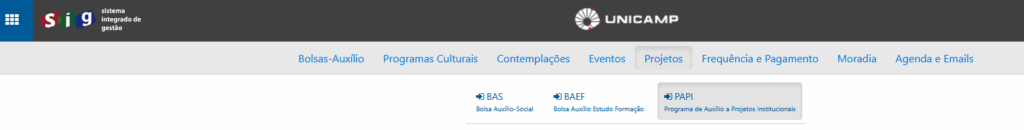 Captura de tela Menu "Projetos" no Sistema SIG