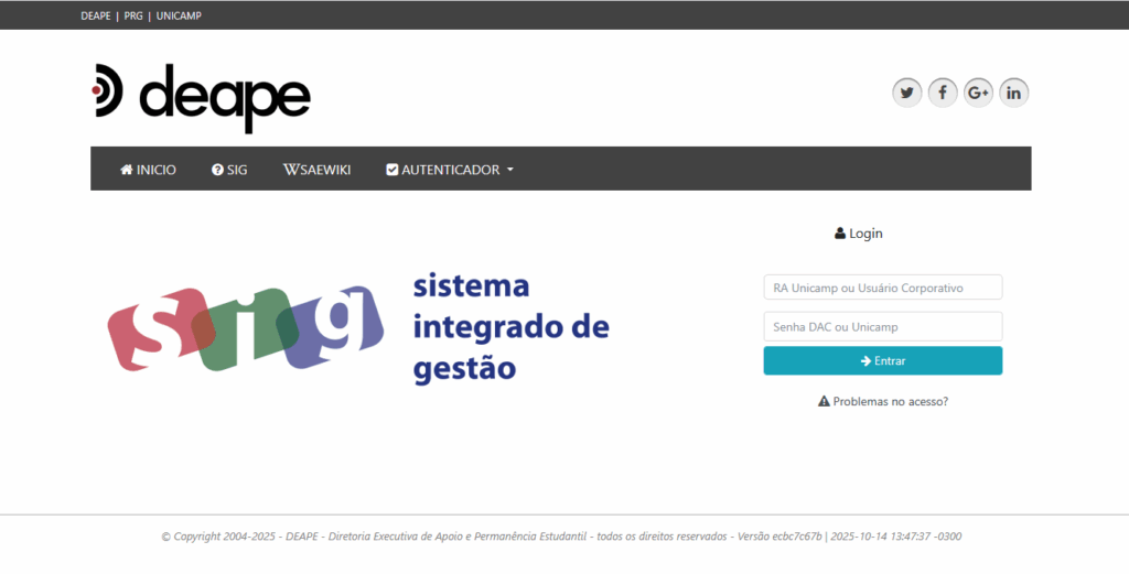 Captura de tela Página de login do SIG