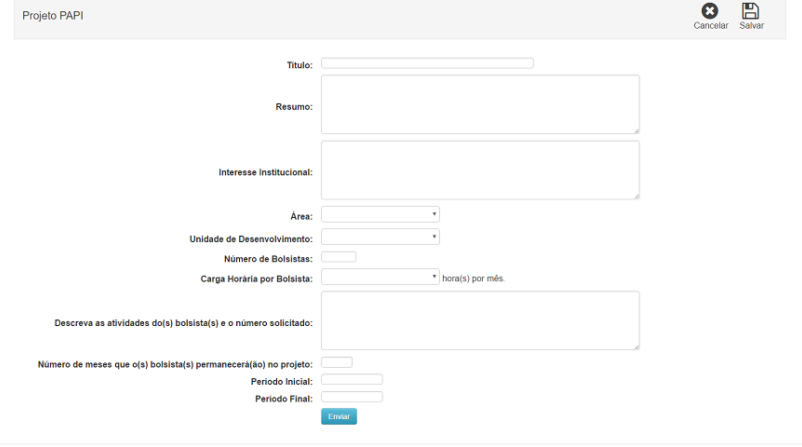 Captura de tela da página do formulário de inscrições de projetos para o Programa PAPI